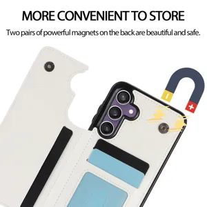 Funda de teléfono multifuncional de cuero blanco con ranuras para tarjetas y cierre.
