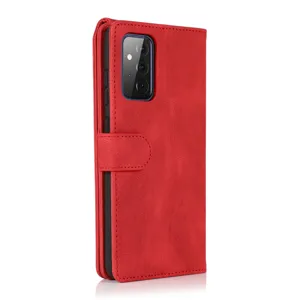 Red PU leather wallet phone case detail, showing magnetic closure and precise camera cutout.
