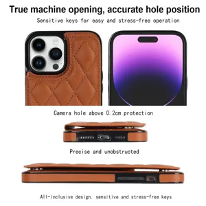 Detailed view of brown quilted leather phone case with card holder and precise camera cutout.