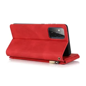 Red leather wallet phone case detail showing zipper pocket and practical stand feature.
