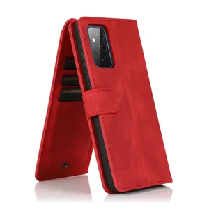 Red leather wallet flip phone case with card slots and magnetic clasp for secure protection.