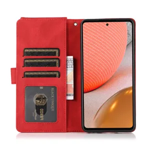 Red flip leather phone case with card slots and cash pocket, wallet protective cover.
