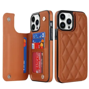 Brown quilted leather phone case with card holder flip wallet design compatible with iPhone.