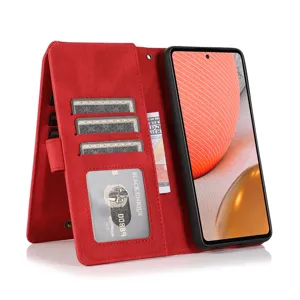 Red leather wallet phone case detail view showing multiple card slots and cash pocket.