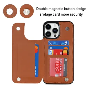 Detailed view of the quilted flip leather phone case with dual magnetic buttons and card slots.