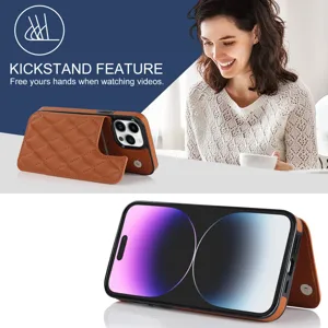 Brown quilted leather phone case for iPhone 16 Pro Max with card holder and kickstand.
