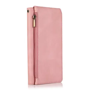 Pink PU leather wallet phone case with zipper pocket card slot flip protective cover