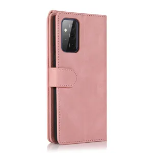 Pink leather flip phone case wallet with card slot and secure magnetic clasp closure detail.