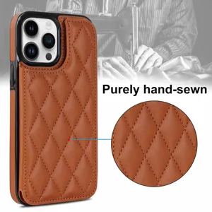Detail view of brown quilted leather phone case with card slot for iPhone 16 Pro Max.