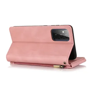 Pink leather wallet phone case detail showing zipper pocket, card slots and stand function.