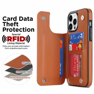 Brown leather wallet phone case with RFID blocking card slots, dual magnetic snap closure.