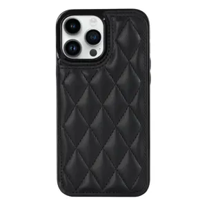 Detailed close-up of premium black quilted leather phone case with card slot detail.