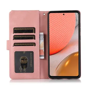 Detailed view of the pink leather phone case with multiple card slots and cash pocket.