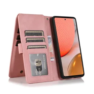 Detailed view of pink leather flip phone case with multiple card slots and cash pocket for Samsung.