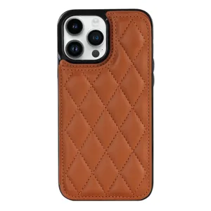 Brown quilted leather phone case with card holder slot, elegant design compatible with iPhone.
