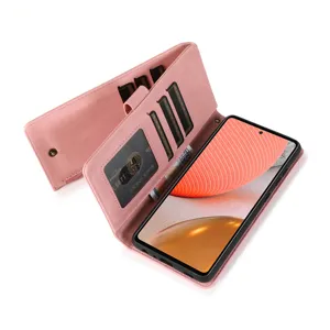 Pink leather flip phone wallet case with multiple card slots and cash pocket for daily use.