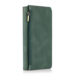 Green leather wallet phone case with zipper pocket and card slots, durable flip cover.