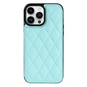 Luxury quilted leather phone case with card slot for iPhone, elegant diamond pattern cover.