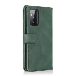 Green leather flip phone case wallet style with card slots and secure magnetic clasp closure.