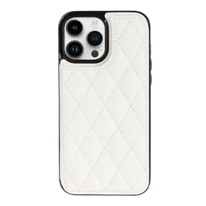 Close up detail of white quilted leather phone case with black frame for iPhone 16 Pro Max.