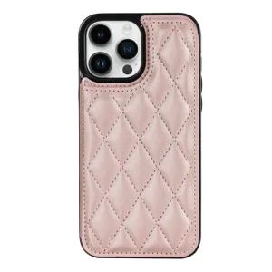 Detailed view of the pink quilted leather iPhone case featuring a convenient card slot pocket.