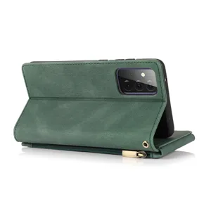Detailed view of the dark green leather zipper flip phone case showing card slots and stand.