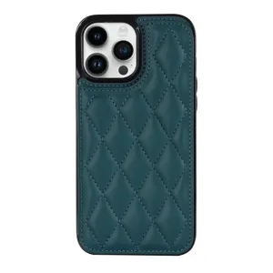 Dark green quilted leather phone case with card holder, elegant diamond pattern design for iPhone.