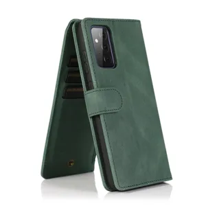Dark green leather flip phone case detail featuring card slots and secure magnetic clasp.