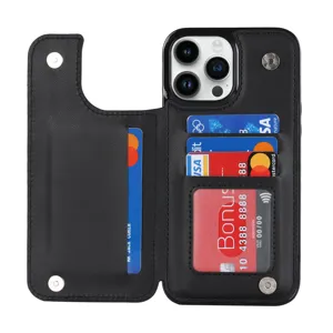 Detailed view of black leather wallet phone case interior featuring multiple card slots and snaps.