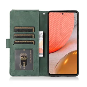 Green PU leather flip wallet phone case with card slots and cash pocket detail view.