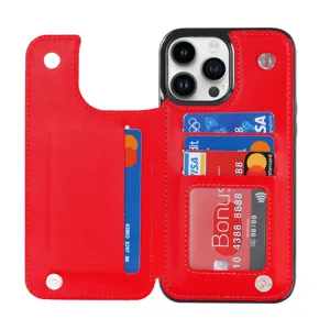 Red leather flip phone case with card slots and double snap closure for iPhone 16 Pro Max.