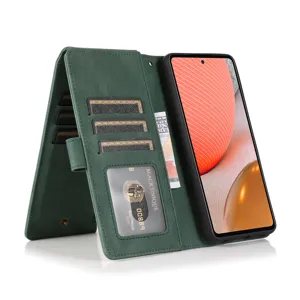 Dark green leather flip phone case with card slots, wallet pocket and TPU inner case detail.