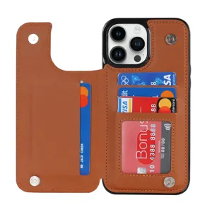 Brown leather flip phone case with card slots and dual snaps for iPhone 16 Pro Max detail