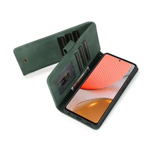 Green flip leather phone case with multiple card slots and wallet function for daily use.