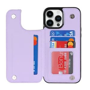 Detailed view of the purple leather phone case with card slots and magnetic double snaps.