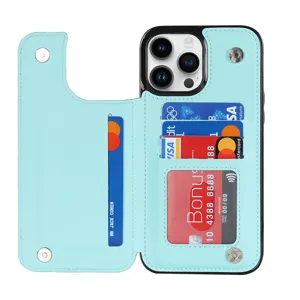 Mint green flip card slot phone case with double snap buttons for iPhone, stylish wallet cover.