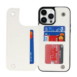 White leather wallet phone case detail showing card slots and magnetic snap closure.