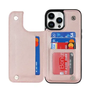 Pink leather wallet phone case with card slots and double snap buttons for iPhone 16 Pro Max