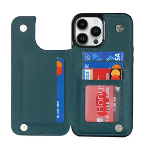 Leather wallet case for iPhone 16 Pro Max with card slots and double magnetic closure.