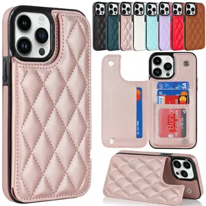 Quilted TPU Wallet Phone Case With Card Slots Kickstand Magnetic Closure Double Button Shockproof Protective Cover
