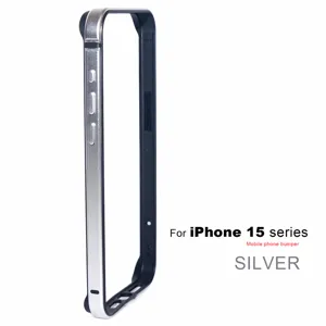 Silver metal phone bumper detail view showing precision buttons for iPhone 15 series.