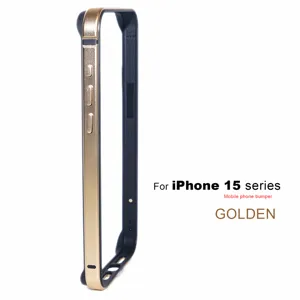 Metal silicone phone bumper frame detail view compatible with iPhone 15 series in gold.