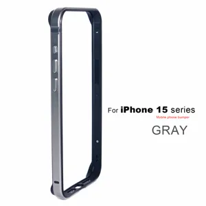 Metallic silicone phone bumper detail view, slim frame design in gray for iPhone 15 series.