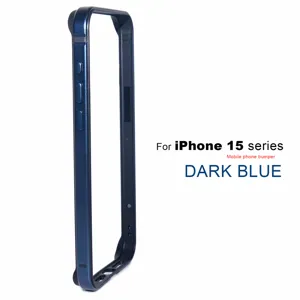 Detail shot of the dark blue metal phone bumper frame, showing precise button cutouts.