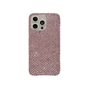 Luxury pink rhinestone bling phone case for iPhone, sparkly crystal protective back cover.