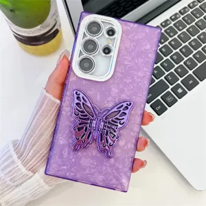 Purple shell texture phone case with metal butterfly stand for Samsung S24 Ultra stylish cover
