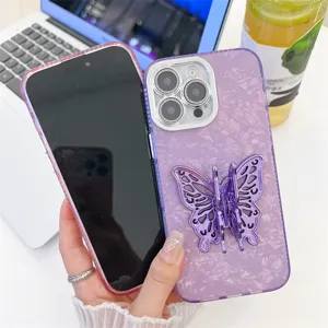 Purple iPhone case with 3D butterfly stand and water ripple shell texture for compatible models.