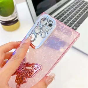 Detail view of the shiny butterfly phone case showing exquisite metallic camera lens protection.