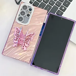 Glitter Samsung S24 Ultra phone case with water ripple pattern and 3D pink butterfly stand.