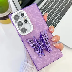 Close-up detail of purple marble square phone case with 3D butterfly stand and lens film.